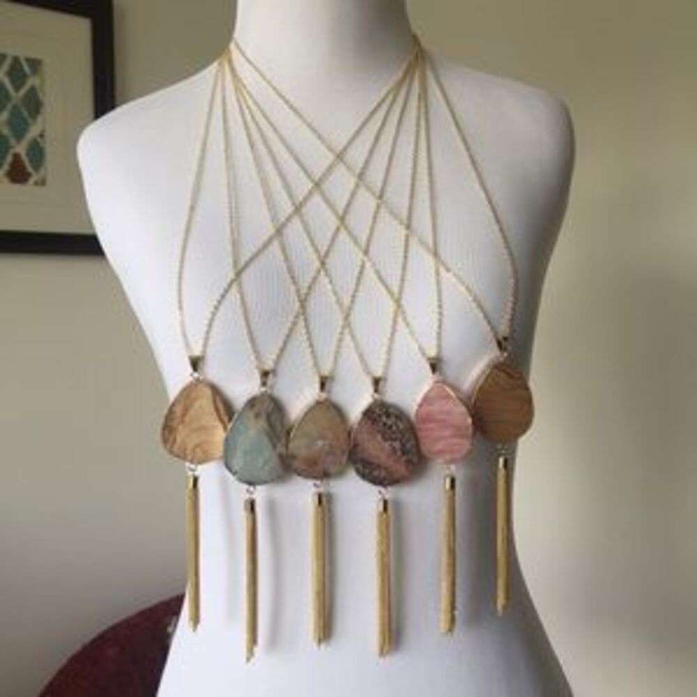 Gold plated stone tassel necklace